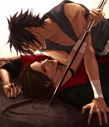 lily (artist), uchiha itachi, uchiha sasuke, naruto (classic), naruto (series), brother, lowres, akatsuki (naruto), atop, black hair, brothers, family, fishnets, incest, jewelry, male focus, nail polish, necklace, open clothes, open shirt, sexually suggestive, shirt, siblings, sword, weapon