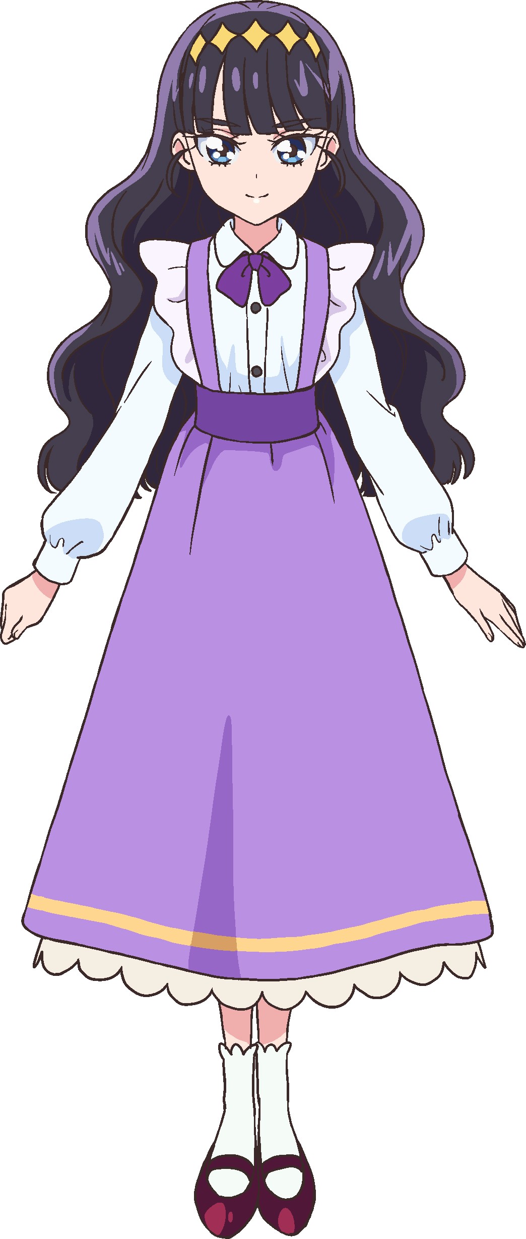 kasai amane, delicious party precure, precure, absurdres, highres, official art, second-party source, 1girl, black hair, blue eyes, blunt bangs, bow, bowtie, closed mouth, collared shirt, frilled skirt, frills, full body, long hair, long skirt, long sleeves, looking at viewer, purple bow, purple bowtie, purple shoes, purple skirt, shirt, shoes, simple background, skirt, smile, socks, solo, standing, suspender skirt, suspenders, tachi-e, wavy hair, white background, white shirt, white socks