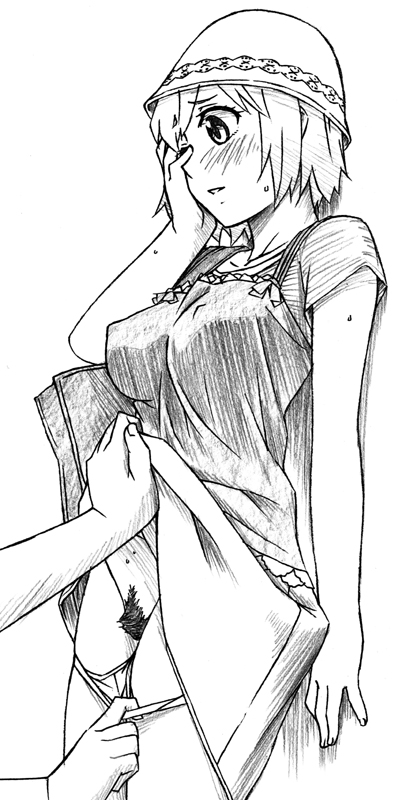 sawa jaaji, nonomura ayumi, hyakko, bad id, bad pixiv id, traditional media, 00s, 1girl, blush, breasts, bucket hat, casual, cloche hat, clothes lift, covered erect nipples, female focus, female pubic hair, greyscale, hat, large breasts, monochrome, panties, panty pull, pubic hair, pussy, short hair, skirt, skirt lift, solo, solo focus, underwear