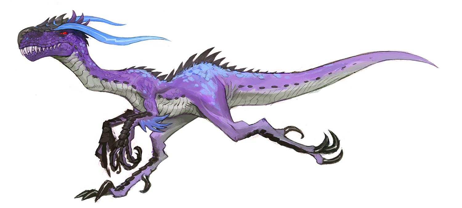 garrett hanna, tzitzi-ya-ku, monster hunter: world, monster hunter (series), claws, digitigrade, dinosaur, full body, monster, monster focus, no humans, purple scales, red eyes, running, sharp teeth, slit pupils, solo, spikes, tail, teeth, white background