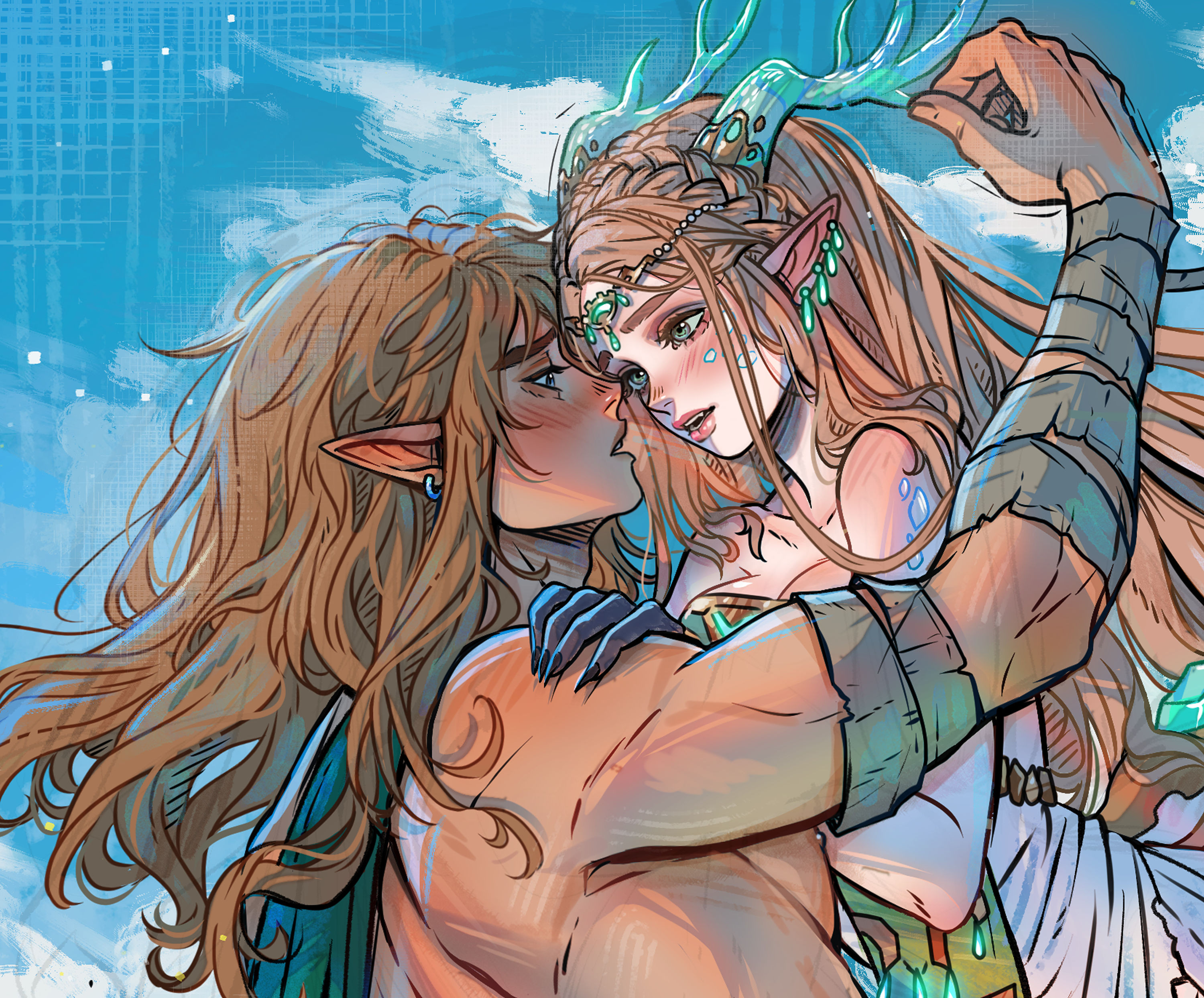 kalisami1, light dragon (zelda), link, princess zelda, nintendo, the legend of zelda, the legend of zelda: tears of the kingdom, absurdres, commentary, english commentary, highres, spoilers, 1boy, 1girl, blonde hair, blue sky, claws, cloud, cloudy sky, day, dragon horns, dress, earrings, hetero, horns, imminent kiss, jewelry, long hair, multiple earrings, pointy ears, sky, very long hair