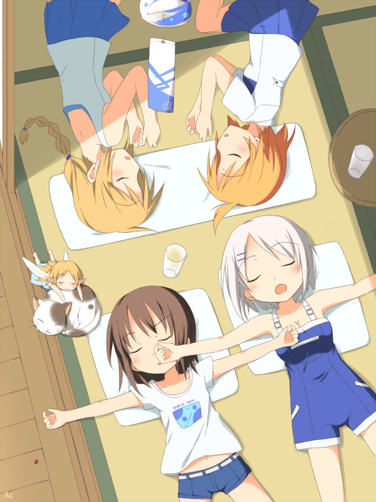 kareha aki, original, bad id, bad pixiv id, 5girls, brown hair, cat, closed eyes, fairy, from above, lying, multiple girls, on back, open mouth, outstretched arms, pillow, short hair, shorts, size difference, sleeping, spread arms, tatami, white hair, wind chime
