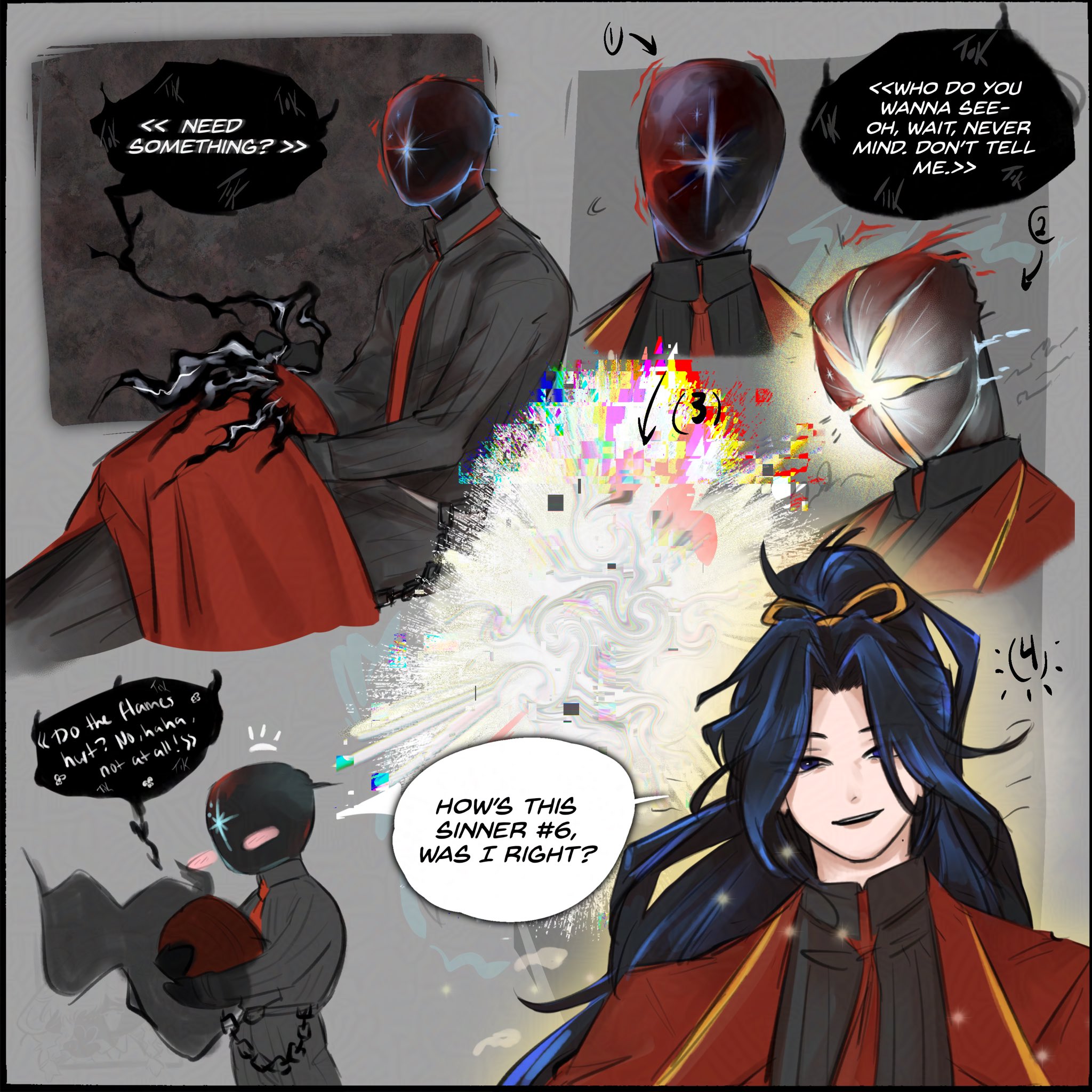 dante (limbus company), lin daiyu (project moon), limbus company, project moon, highres, 1other, black shirt, blue hair, coat, collared shirt, english text, high ponytail, long hair, long sleeves, mcnauru, multiple views, necktie, parted lips, ponytail, red coat, red necktie, shirt, solo, speech bubble