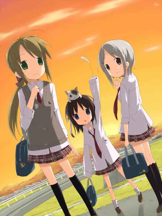 kareha aki, original, silver hair, bad id, bad pixiv id, 3girls, animal, animal on head, bag, blue eyes, brown eyes, brown hair, cat, cat on head, dutch angle, elbow carry, green eyes, handbag, multiple girls, necktie, on head, plaid clothes, plaid skirt, ponytail, school uniform, short hair, skirt