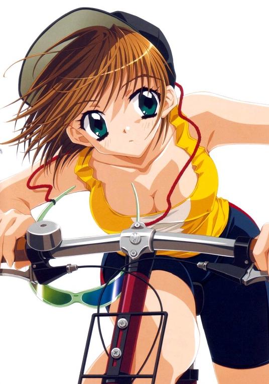 kadoi aya, 1girl, baseball cap, bicycle, bike shorts, breasts, cleavage, female focus, hat, large breasts, solo, sunglasses