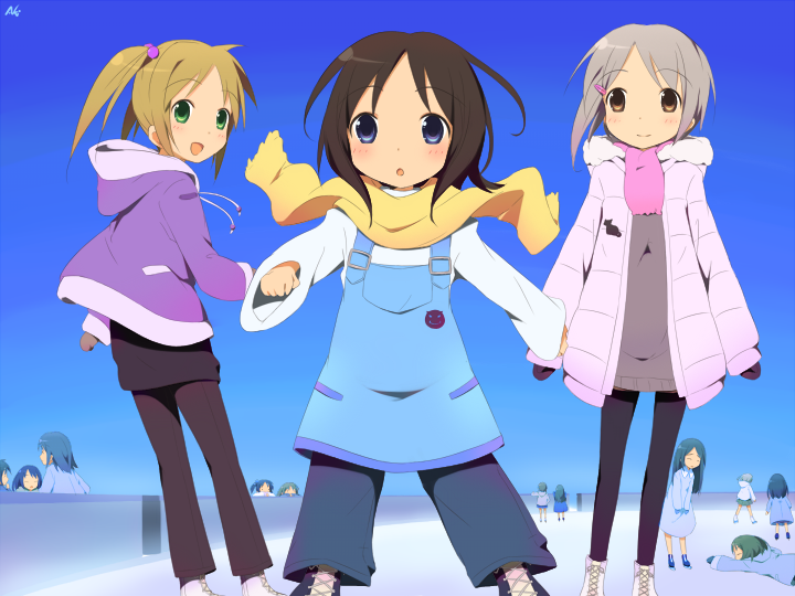 kareha aki, silver hair, bad id, bad pixiv id, blue eyes, brown eyes, brown hair, casual, child, coat, green eyes, looking back, pantyhose, scarf, short hair, short twintails, twintails