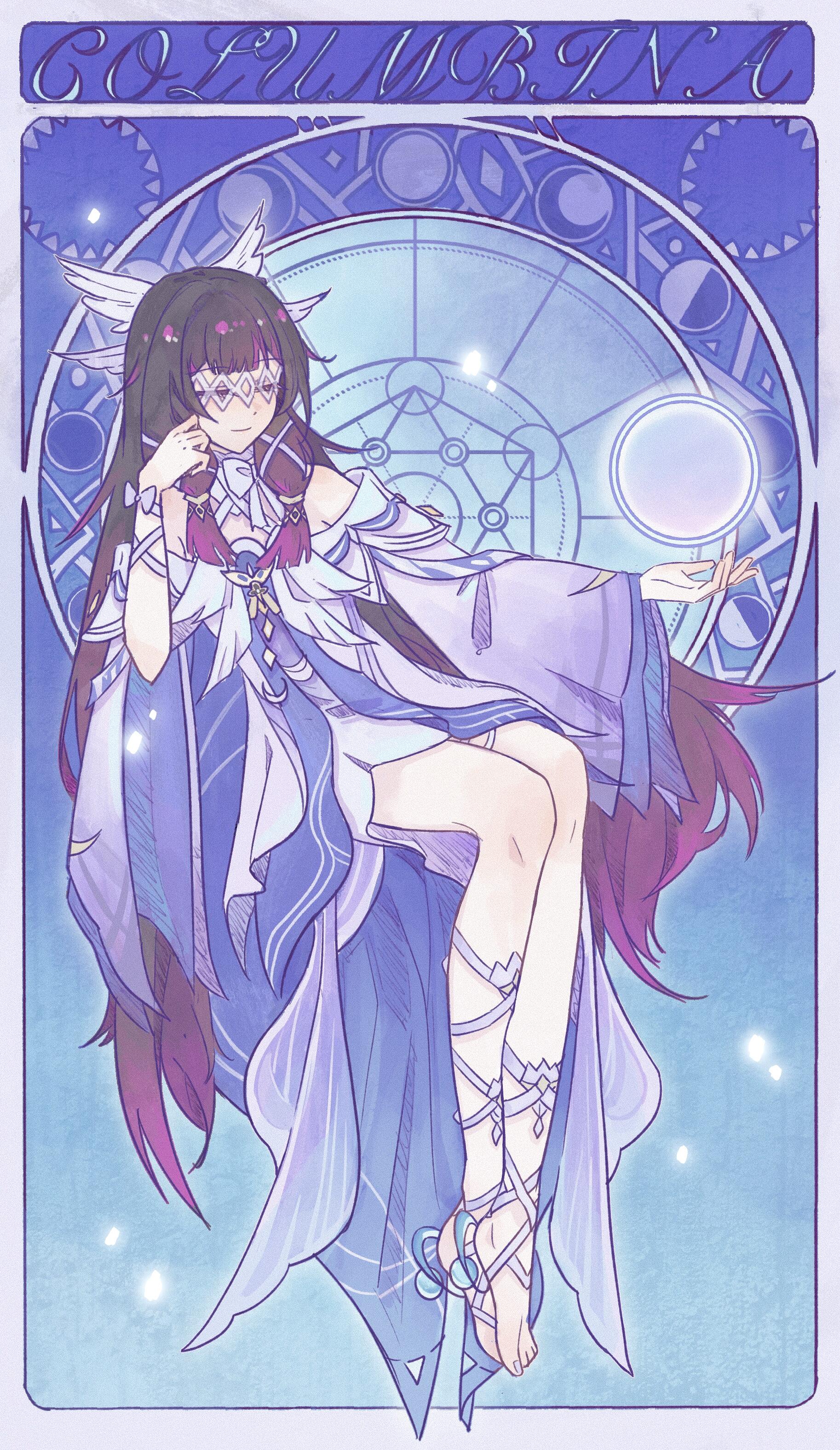 columbina (genshin impact), genshin impact, absurdres, bad source, highres, 1girl, black hair, closed eyes, columbina (nod-krai) (genshin impact), dress, eye mask, full body, glasses, gradient hair, hair ornament, long hair, mask, moon, multicolored hair, pastor, purple hair, smile, solo, very long hair