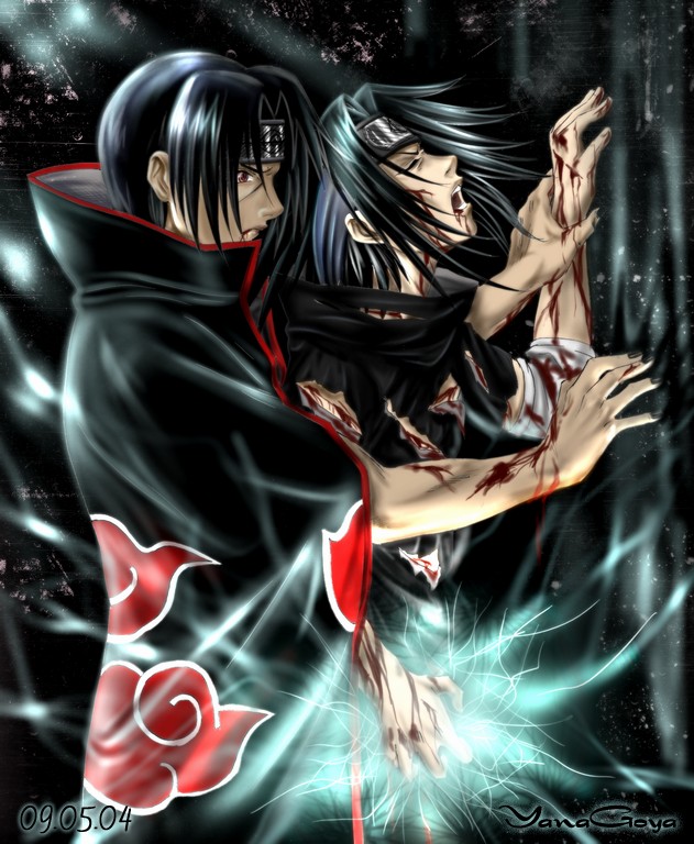 yanagoya, uchiha itachi, uchiha sasuke, naruto, against wall, akatsuki (naruto), anal, blood, brothers, cloak, closed eyes, clothed sex, electricity, incest, open mouth, rape, siblings, torn clothes, yaoi