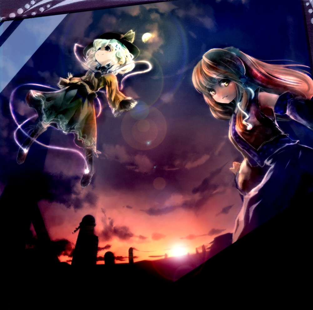 suisai (suisao), kochiya sanae, komeiji koishi, touhou, silver hair, 2girls, black hair, female focus, long hair, looking at viewer, multiple girls, outdoors, short hair, silhouette, string, sunrise, third eye, very long hair