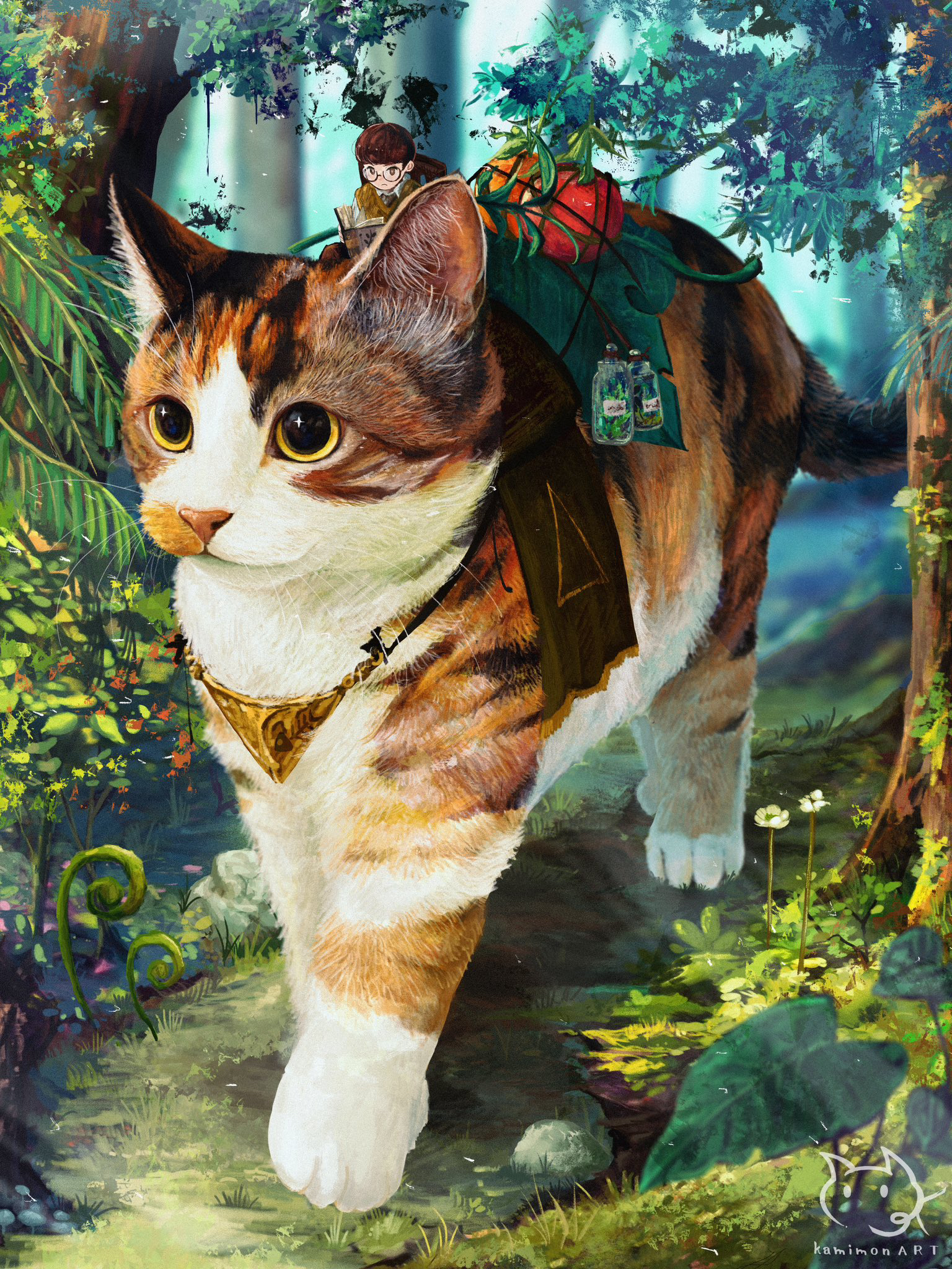 kamimon2016, original, commentary request, highres, 1boy, animal, animal focus, artist logo, artist name, book, brown hair, cat, day, forest, glass jar, glasses, logo, nature, open book, outdoors, oversized animal, path, reading, riding, riding animal, road, short hair, very short hair, watermark