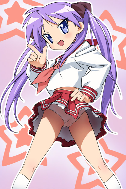 haruyama kazunori, hiiragi kagami, lucky star, 00s, 1girl, ass, blue eyes, cameltoe, female focus, from behind, from below, hair ribbon, hand on own hip, hip focus, kneehighs, kneepits, long sleeves, looking at viewer, looking back, midriff, miniskirt, open mouth, panties, pantyshot, pleated skirt, purple hair, ribbon, school uniform, serafuku, shirt, skirt, smile, socks, solo, spread legs, star (symbol), thighs, tsurime, twintails, underwear, upskirt, white panties, white shirt, white socks