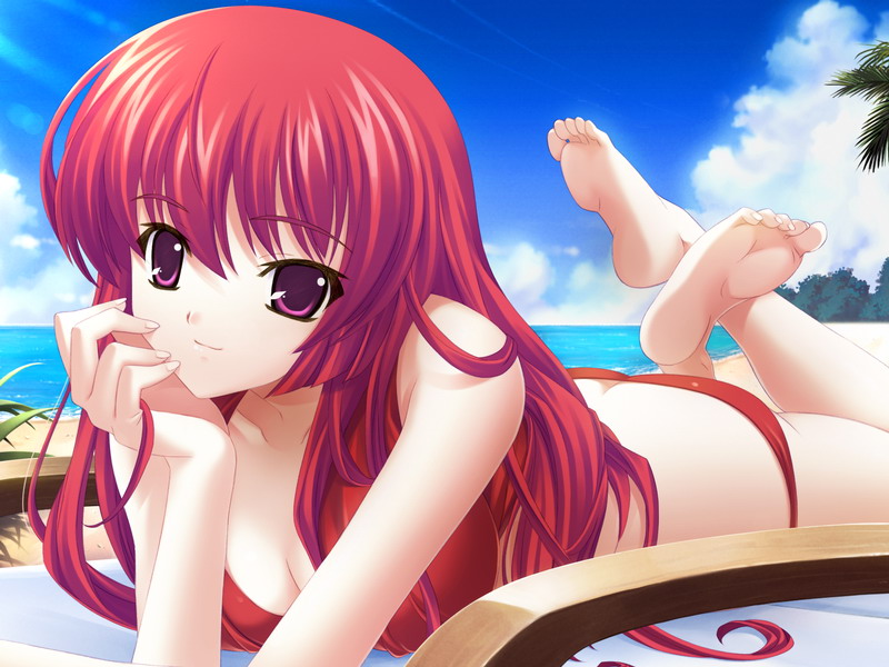 tsukigase sayane, shuumatsu shoujo gensou alicematic, 1girl, barefoot, beach, bikini, butt crack, day, feet, female focus, long hair, outdoors, plantar flexion, purple eyes, red bikini, red hair, soles, solo, swimsuit
