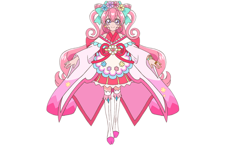 cure precious, cure precious (party up style), nagomi yui, delicious party precure, precure, official art, second-party source, 1girl, apron, blue bow, boots, bow, cone hair bun, double bun, flower, full body, hair bow, hair bun, hair flower, hair ornament, head wreath, japanese clothes, kimono, knee boots, long hair, long sleeves, looking at viewer, magical girl, pink hair, pink kimono, purple eyes, simple background, smile, solo, standing, tachi-e, transparent background, two side up, very long hair, waist apron, white apron, white boots, wide sleeves