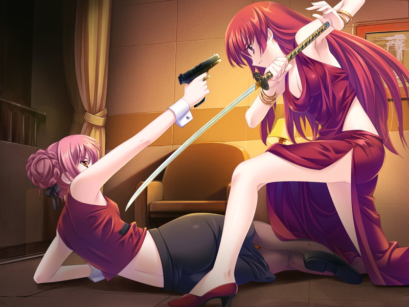 tsukigase sayane, cowboy bebop, shuumatsu shoujo gensou alicematic, non-web source, 2girls, at gunpoint, back, breasts, cleavage, gun, gun to head, holding, holding gun, holding weapon, katana, medium breasts, mexican standoff, multiple girls, parody, red hair, skirt, sleeveless, sleeveless turtleneck, sword, turtleneck, weapon