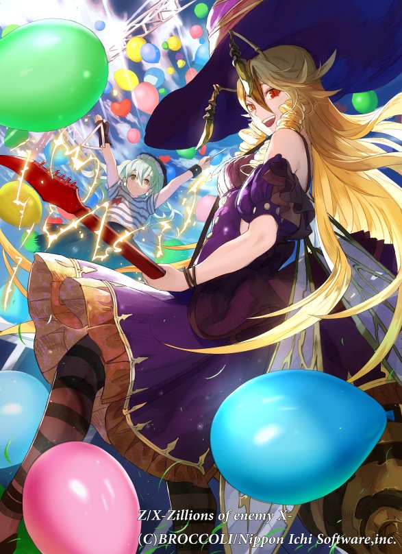 mayo (becky2006), z/x, official art, 2girls, abdomen tail, antennae, arms up, arthropod girl, balloon, bee girl, blonde hair, brown hair, copyright notice, curly hair, domeki kisara, dress, electricity, from below, green hair, guitar, hair between eyes, heart balloon, holding, holding guitar, holding instrument, insect girl, insect wings, instrument, large hat, long hair, looking at viewer, looking back, multiple girls, music, open mouth, pantyhose, playing guitar, playing instrument, purple dress, red eyes, shirt, striped clothes, striped pantyhose, striped shirt, teeth, triangle (instrument), twintails, upper teeth only, vesparose, wings, yellow eyes