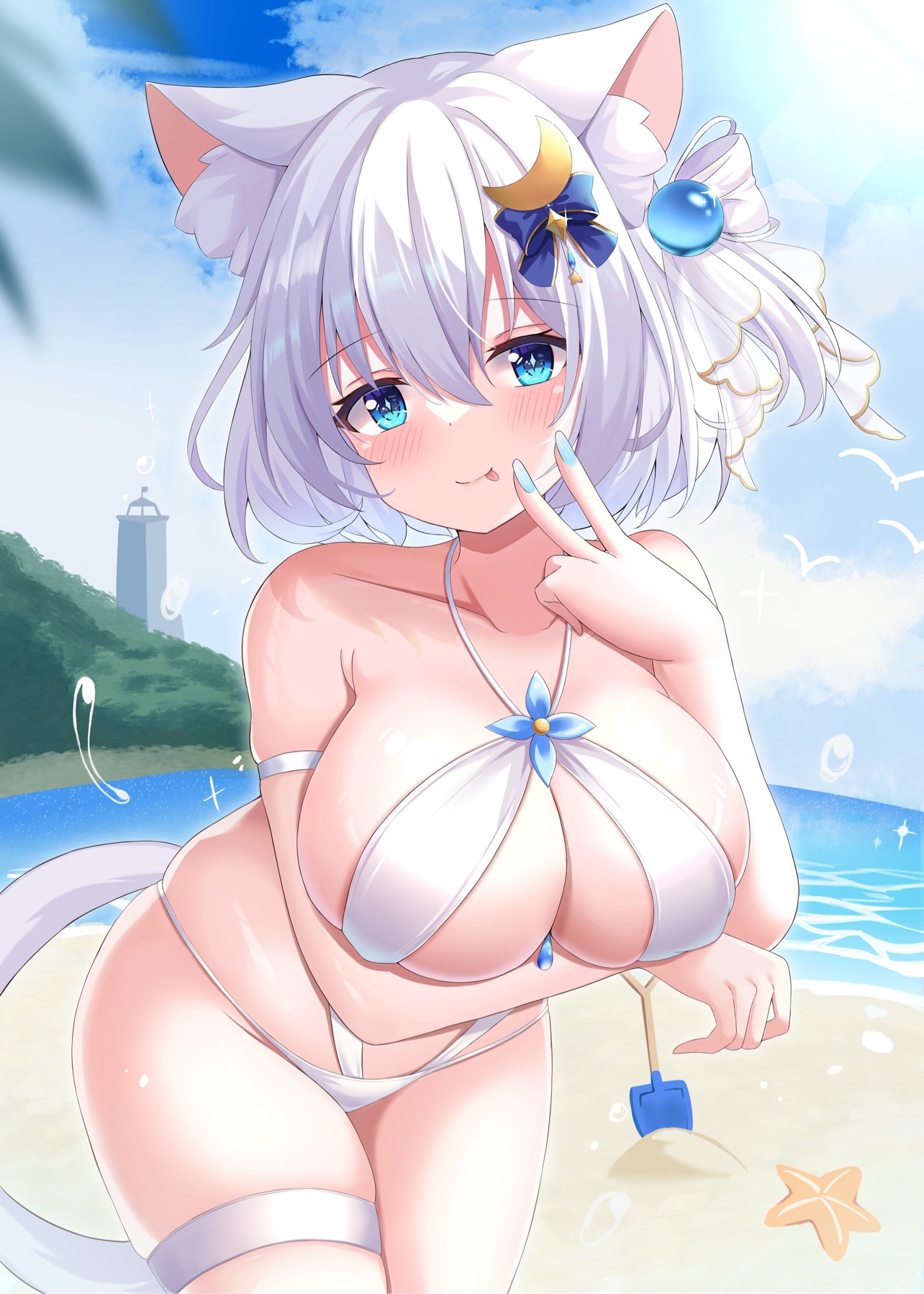 kurashina yuzuki, original, highres, 1girl, animal ear fluff, animal ears, beach, bikini, blue eyes, blush, bow, breast rest, breasts, carried breast rest, carrying, cat ears, cat girl, cat tail, crescent, flower, hair bow, large breasts, looking at viewer, ocean, outdoors, shovel, smile, solo, swimsuit, tail, thigh strap, tongue, tongue out, v, white bikini, white hair, white tail