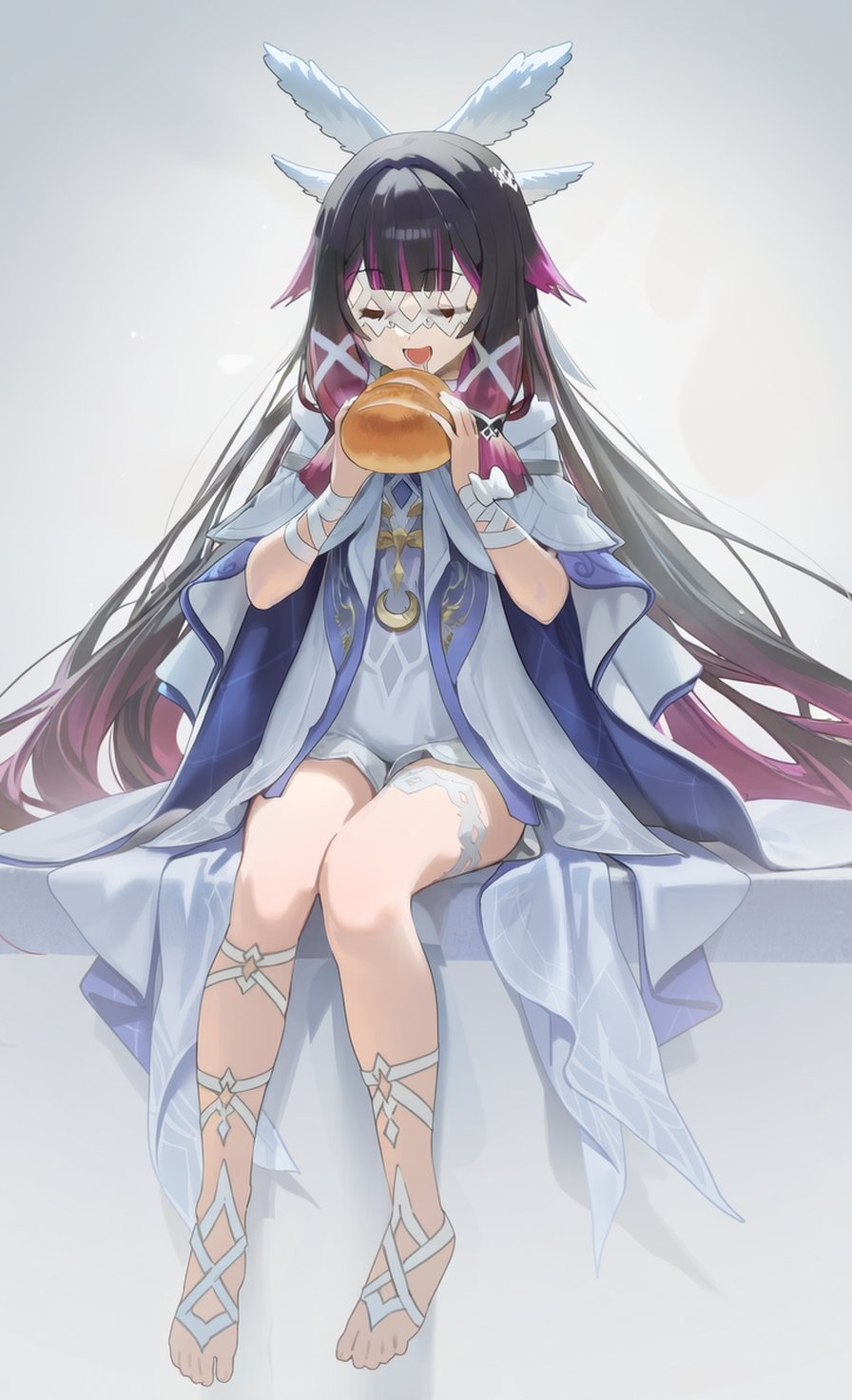 columbina (genshin impact), genshin impact, highres, 1girl, barefoot, black hair, blunt bangs, closed eyes, coat, columbina (nod-krai) (genshin impact), dress, eye mask, feet, food, full body, fur trim, hair ornament, holding, holding food, long hair, mask, multicolored hair, open mouth, pink hair, ribbon, sitting, smile, solo, thigh strap, toes, two-tone hair, very long hair, white coat, white dress, white mask, white ribbon, wrist ribbon