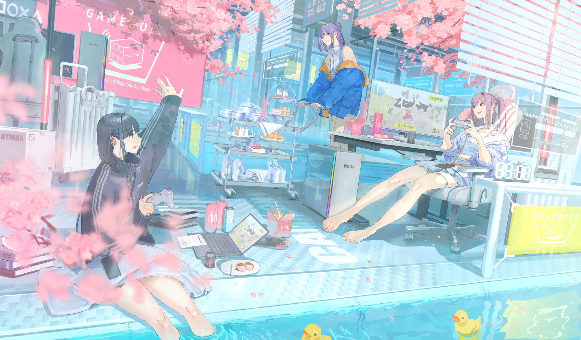 sora-bakabon, original, commentary request, highres, 3girls, barefoot, black hair, black jacket, blue eyes, book, box, cake, cake slice, can, cart, chair, cherry blossoms, computer, controller, cup, day, drink can, food, game controller, gaming chair, glass jar, grey jacket, grey shirt, grey skirt, headphones, holding, holding controller, holding game controller, jacket, laptop, long hair, long sleeves, looking at another, medium hair, monitor, multiple girls, off shoulder, on chair, outdoors, pile of books, pink hair, plate, pool, pushing, reflection, reflective water, rubber duck, serving cart, shirt, sideways mouth, sitting, skirt, sleeveless, sleeveless shirt, slice of life, smile, soaking feet, standing, suitcase, swivel chair, teacup, teapot, thigh strap, three-quarter sleeves, twintails, unworn headphones, water