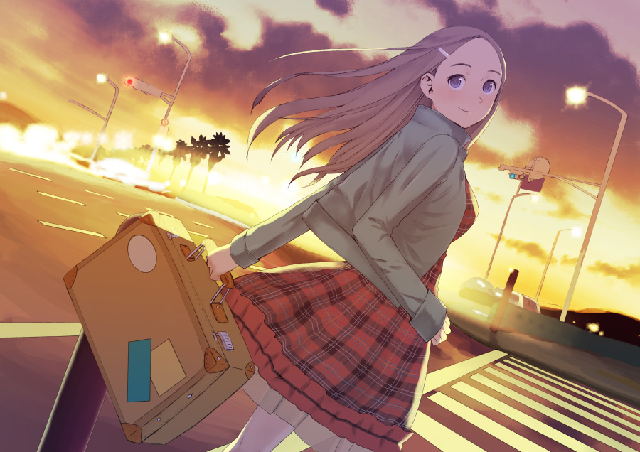 crossing, morichika, morifumi, light, lights, 1girl, blue eyes, briefcase, brown hair, car, cloud, crosswalk, female focus, long hair, motor vehicle, sky, smile, solo, suitcase, sunset, traffic light, tree