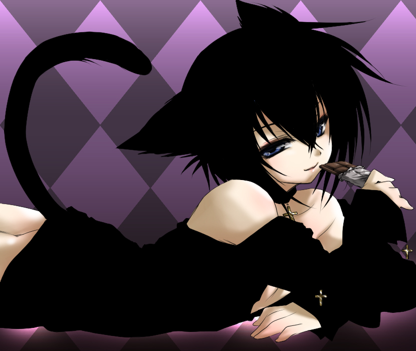 mochiko (x-game), tsukiyomi ikuto, shugo chara!, bad id, bad pixiv id, 1boy, androgynous, animal ears, ass, bare shoulders, black hair, blue eyes, cat boy, cat ears, cat tail, chocolate, choker, cross, male focus, smile, solo, tail, trap