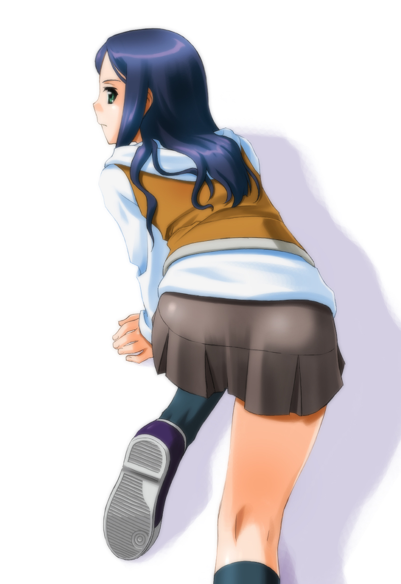 umekichi, kuga natsuki, my-hime, bad id, bad pixiv id, 00s, 1girl, ass, blue hair, female focus, from above, kneeling, school uniform, simple background, solo, white background