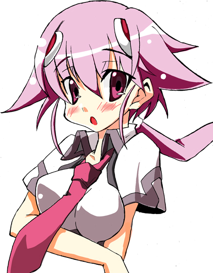 fujishiro nekomata, shishidou akiha, sora wo kakeru shoujo, bad id, bad pixiv id, 00s, 1girl, blush, breasts, crossed arms, female focus, large breasts, necktie, open mouth, pink eyes, pink hair, ponytail, solo, surprised