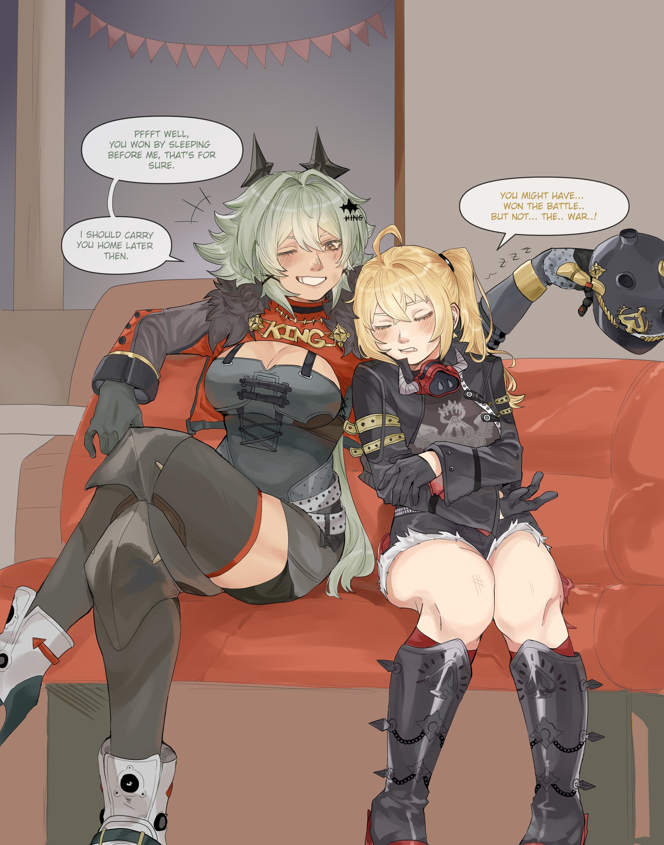 xy 424, caesar king (zenless zone zero), luciana de montefio, zenless zone zero, absurdres, highres, 2girls, ahoge, blonde hair, blush, boots, breasts, closed eyes, coat, couch, crossed arms, crossed legs, english text, gloves, green hair, hair ornament, hat, helmet, jacket, large breasts, multiple girls, on couch, one eye closed, shorts, side ponytail, sitting, sleeping, sleepy, smile, speech bubble, suspenders, teeth