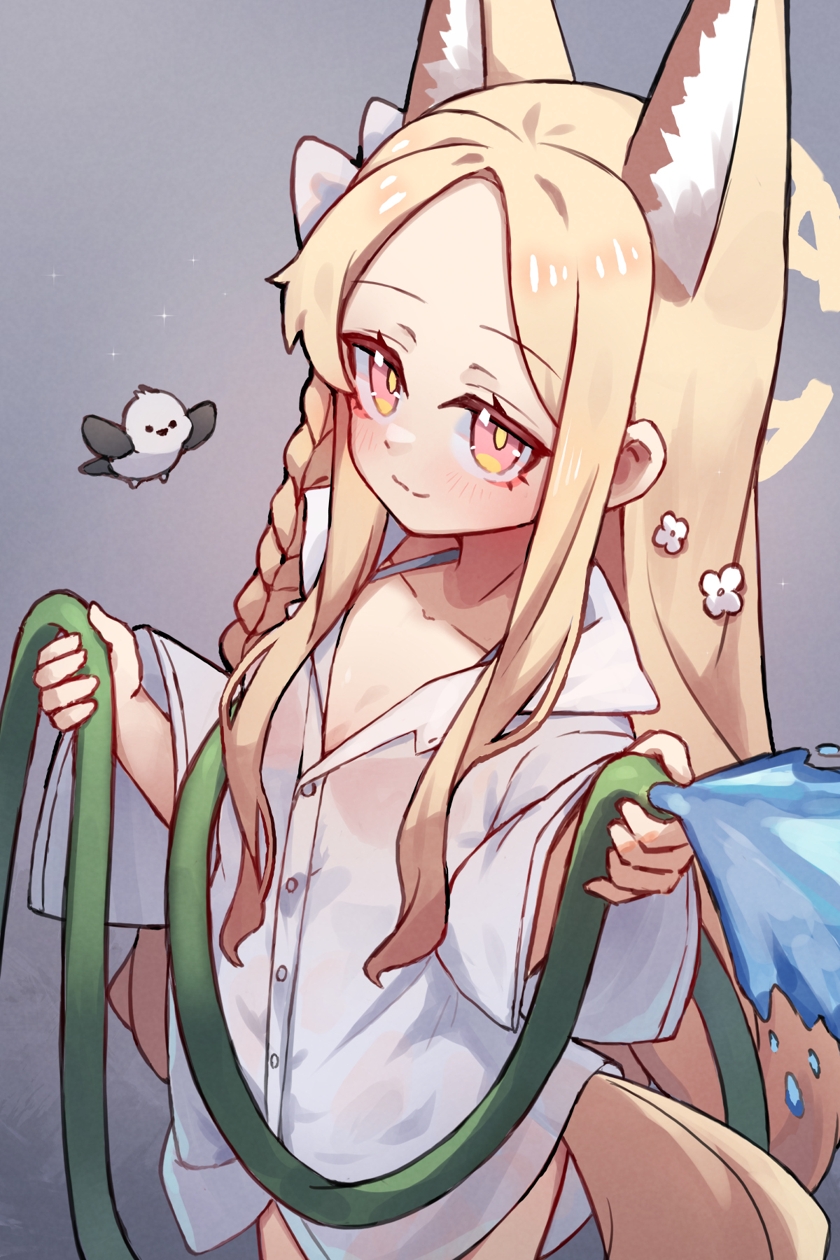 miya (miyaruta), hanako (blue archive), hanako (swimsuit) (blue archive), seia (blue archive), blue archive, commentary, english commentary, highres, 1girl, animal ears, bikini, bikini under clothes, bird, blonde hair, cosplay, fox ears, fox girl, halo, hanako (blue archive) (cosplay), holding, holding hose, hose, long hair, shirt, solo, swimsuit, white shirt, yellow halo