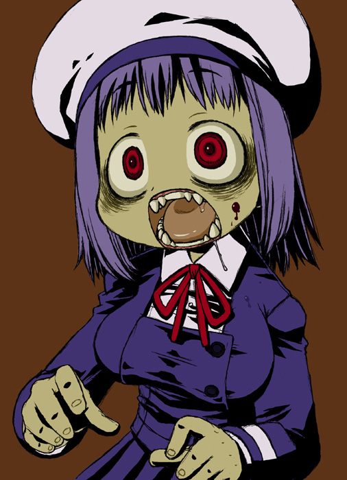 harukaze unipo, unipo, yukari-chan, original, bad id, bad pixiv id, 1girl, beret, blood, crazy eyes, female focus, hat, open mouth, purple hair, red eyes, solo, zombie