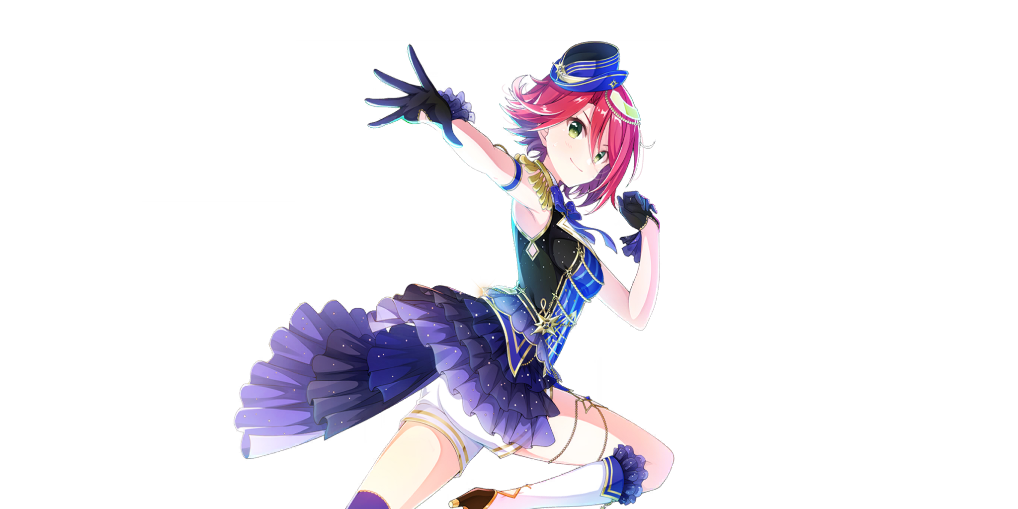 fiona (lapis re:lights), lapis re:lights, game cg, highres, official art, third-party source, 1girl, armband, armpits, black dress, black gloves, blue armband, blue bow, blue bowtie, blue hat, boots, bow, bowtie, breasts, closed mouth, dress, epaulettes, from side, gloves, hair between eyes, hand up, hat, high heel boots, high heels, knee boots, layered skirt, looking at viewer, looking to the side, mini hat, outstretched arm, purple skirt, red hair, short hair, shorts, showgirl skirt, simple background, skirt, sleeveless, sleeveless dress, small breasts, smile, solo, tilted headwear, transparent background, white boots, white shorts