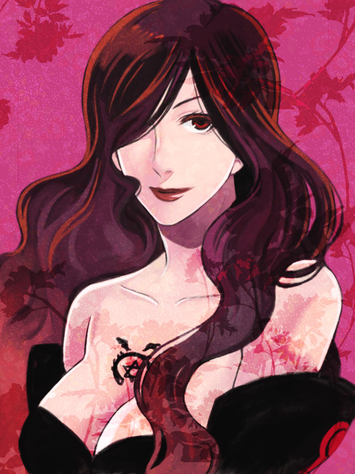 eiitoguchi uka, ka ko, lust (fma), fullmetal alchemist, homunculus, 00s, 1girl, bare shoulders, black dress, black gloves, black hair, breasts, cleavage, collarbone, dress, female focus, gloves, hair over one eye, hexagram, large breasts, lipstick, long hair, makeup, ouroboros, red eyes, red lips, sleeveless, sleeveless dress, smile, solo, strapless, strapless dress, tattoo, wavy hair
