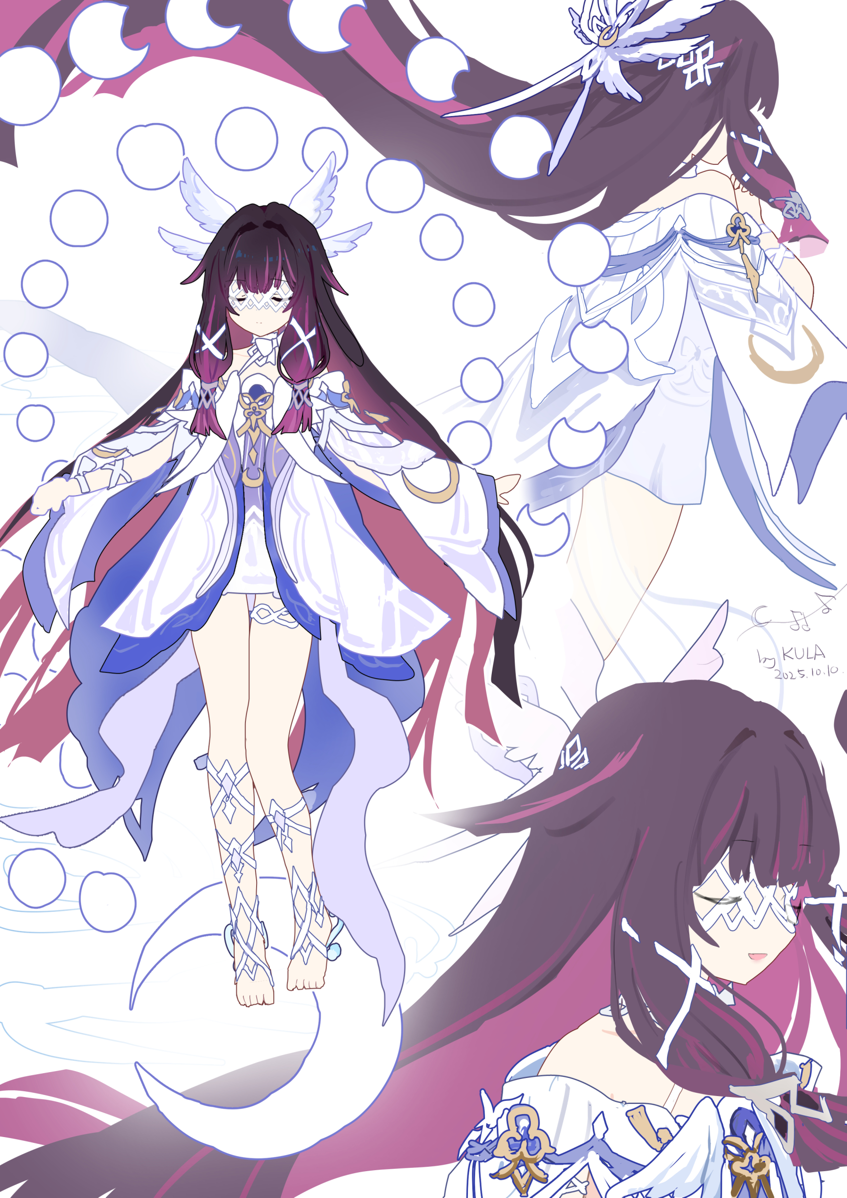 kkkula (kula), columbina (genshin impact), genshin impact, absurdres, commentary request, highres, 1girl, bare shoulders, barefoot, black hair, closed eyes, closed mouth, columbina (nod-krai) (genshin impact), dress, eye mask, full body, gradient hair, hair ornament, head wings, long hair, mask, multicolored hair, multiple views, off shoulder, pink hair, smile, two-tone hair, very long hair, white dress, wings