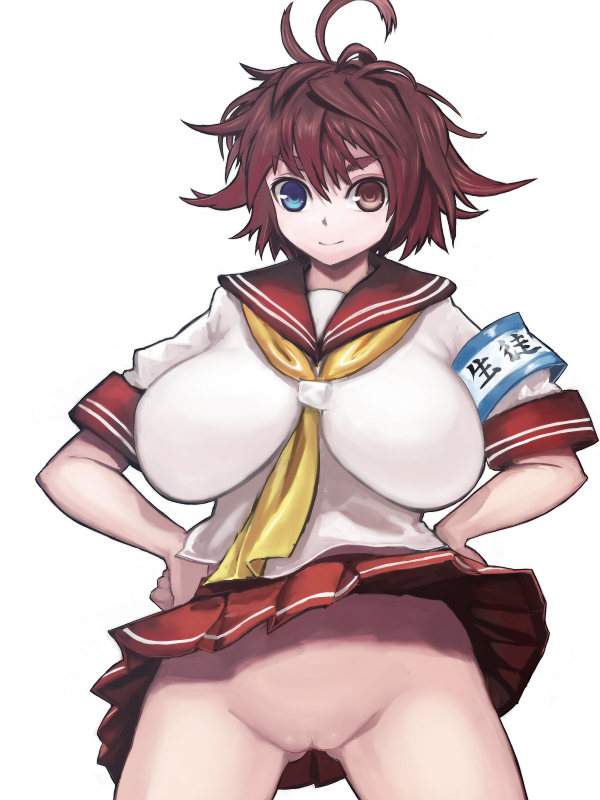 chikokuma, bad id, bad pixiv id, 1girl, ahoge, blue eyes, breasts, brown eyes, brown hair, clothes lift, female focus, hands on own hips, heterochromia, impossible clothes, impossible shirt, large breasts, no panties, pussy, school uniform, serafuku, shirt, short hair, skirt, skirt lift, solo, uncensored, wind, wind lift