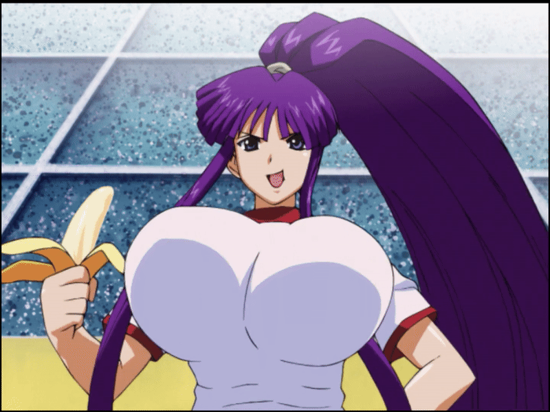 misono kirika, eiken, animated, animated gif, anime screenshot, banana, bouncing breasts, breasts, food, fruit, gigantic breasts, gym shirt, high ponytail, holding, holding food, huge breasts, long hair, long sidelocks, ponytail, purple hair, shirt, sidelocks, very long hair, white shirt