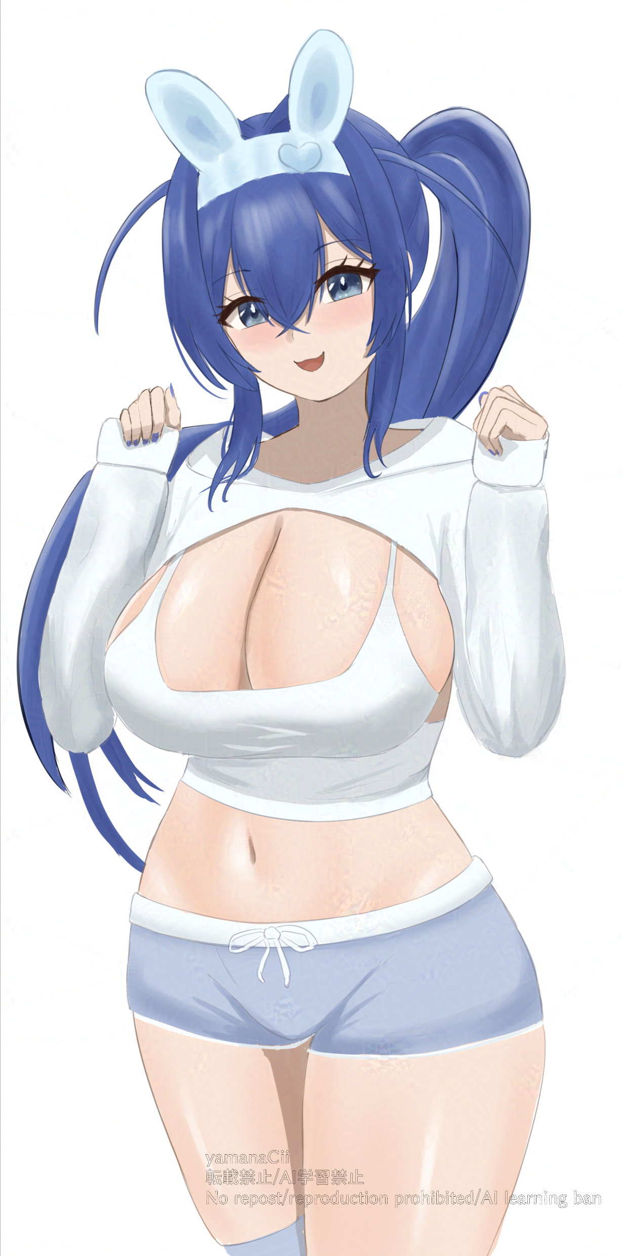 yamanashi-nant, new jersey (azur lane), new jersey (private quarters) (azur lane), azur lane, absurdres, commentary request, highres, 1girl, animal ears, blue eyes, blue hair, blue nails, blue shorts, blue thighhighs, blush, breasts, camisole, cleavage, crop top, drawstring, fake animal ears, hands up, hood, hood down, large breasts, long hair, long sleeves, looking at viewer, micro shorts, midriff, nail polish, navel, official alternate costume, open mouth, rabbit ears, shirt, shorts, shrug (clothing), side ponytail, single thighhigh, skindentation, sleeveless, sleeveless shirt, smile, solo, spaghetti strap, stomach, thighhighs, thighs, very long hair, white shirt, white shrug