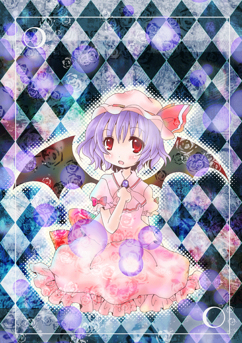 emo (artist), emo (mikan), remilia scarlet, touhou, bad id, bad pixiv id, 1girl, argyle background, argyle clothes, bat wings, dress, female focus, full body, hat, looking at viewer, mob cap, pink dress, puffy short sleeves, puffy sleeves, red eyes, seiza, short sleeves, simple background, sitting, solo, wings