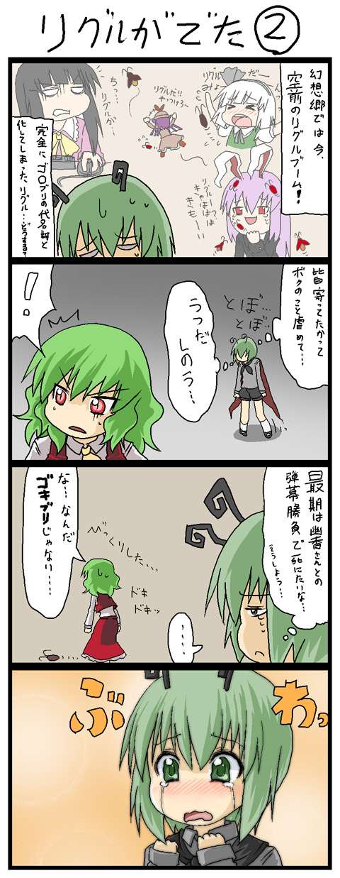 kujira lorant, houraisan kaguya, kazami yuuka, konpaku youmu, mystia lorelei, reisen udongein inaba, wriggle nightbug, iosys, touhou, silver hair, gender request, highres, translation request, 4koma, 6+girls, androgynous, antennae, ascot, black hair, bug, comic, female focus, green eyes, green hair, kimoi girls (meme), long hair, meme, multiple girls, parody, purple hair, reverse trap, short hair, skirt, skirt set, slit pupils, tears, vest, wavy mouth, yukkuri shiteitte ne