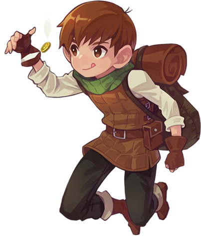 chilchuck tims, dungeon meshi, artist request, lowres, official art, second-party source, 1boy, :q, ankle boots, arm at side, backpack, bag, belt, belt buckle, belt pouch, black pants, boots, brown bag, brown belt, brown boots, brown eyes, brown gloves, brown hair, brown vest, buckle, clenched hand, closed mouth, coin, coin bug (dungeon meshi), fingerless gloves, fingernails, full body, gloves, gold coin, green scarf, legs apart, looking at object, midair, no nose, open hand, padded vest, pants, pouch, scarf, short hair, sleeve cuffs, sleeves rolled up, solo focus, three-quarter sleeves, tongue, tongue out, treasure insect (dungeon meshi), vest, white sleeves, wings
