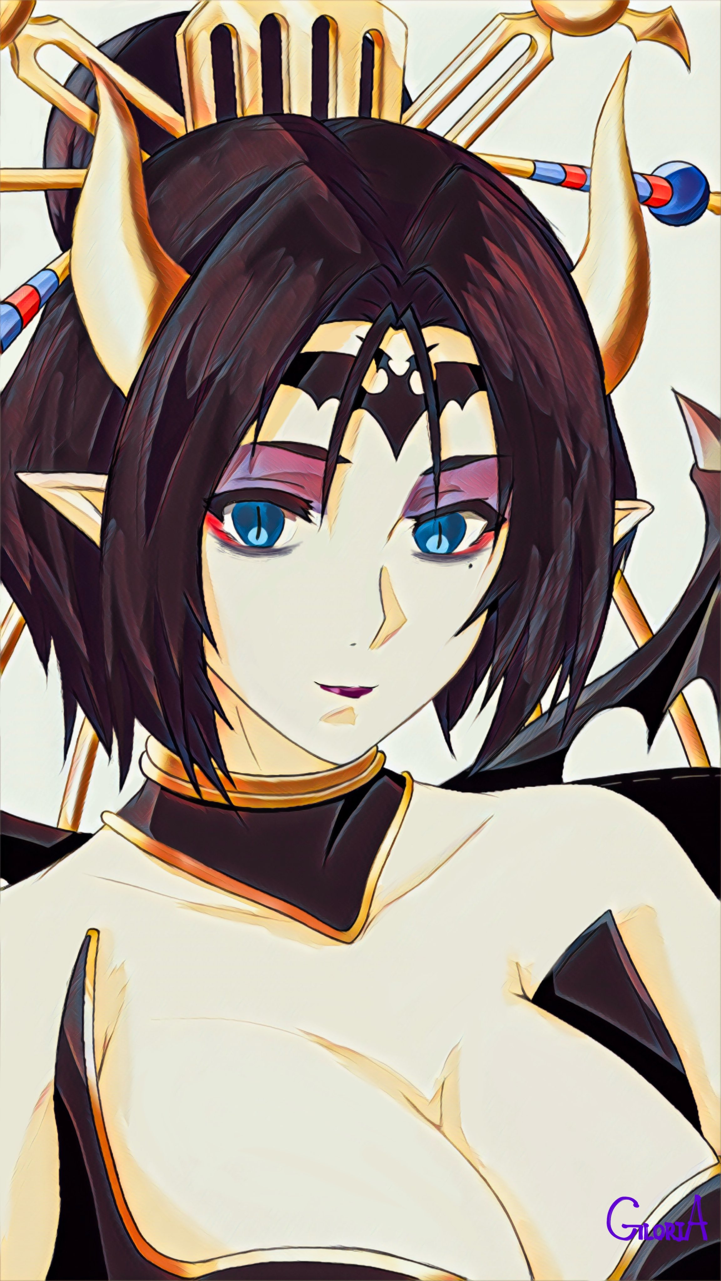 gloria (ggggggsan1), lilithmon, digimon, absurdres, highres, 1girl, bare shoulders, black hair, black wings, blue eyes, breasts, cleavage, demon girl, demon horns, demon wings, digimon (creature), eyeshadow, hair bun, horns, large breasts, makeup, mole, mole under eye, pointy ears, purple eyeshadow, purple lips, red eyeshadow, simple background, slit pupils, solo, upper body, white background, wings