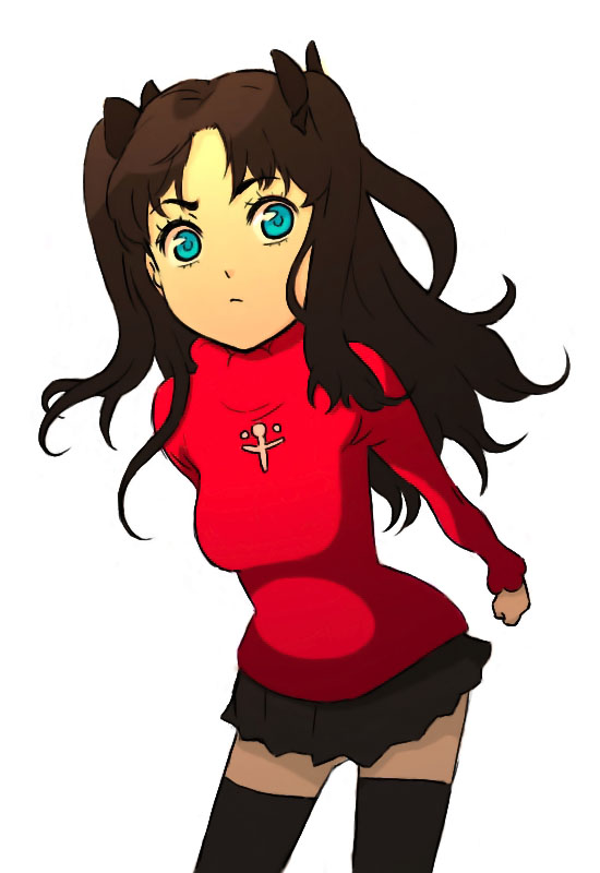 kita makura naosuke, tohsaka rin, fate/stay night, fate (series), 00s, 1girl, black hair, black thighhighs, blue eyes, bow, female focus, long hair, skirt, solo, thighhighs, turtleneck, twintails, two side up, zettai ryouiki