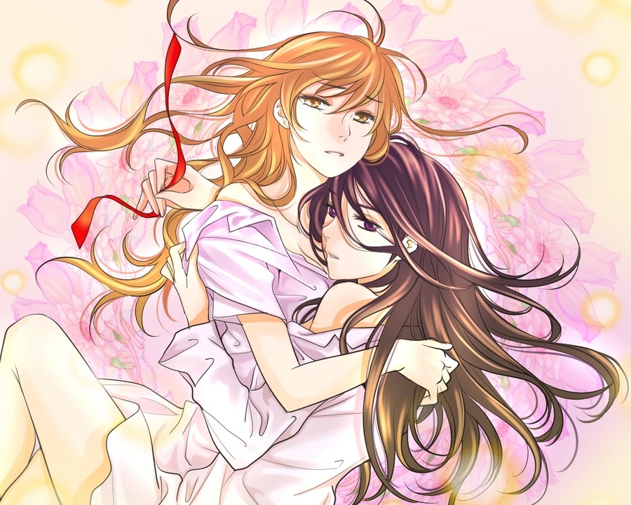 ratana satis, commentary, english commentary, flower request, second-party source, 2girls, black eyes, black hair, breasts, floral background, flower, holding, holding ribbon, hug, long hair, long sleeves, looking at viewer, lynn wiles (pulse), mel sievers (pulse), multiple girls, orange eyes, orange hair, parted lips, pink flower, pink rose, pulse (ratana satis), red ribbon, ribbon, rose, shirt, white shirt, yuri