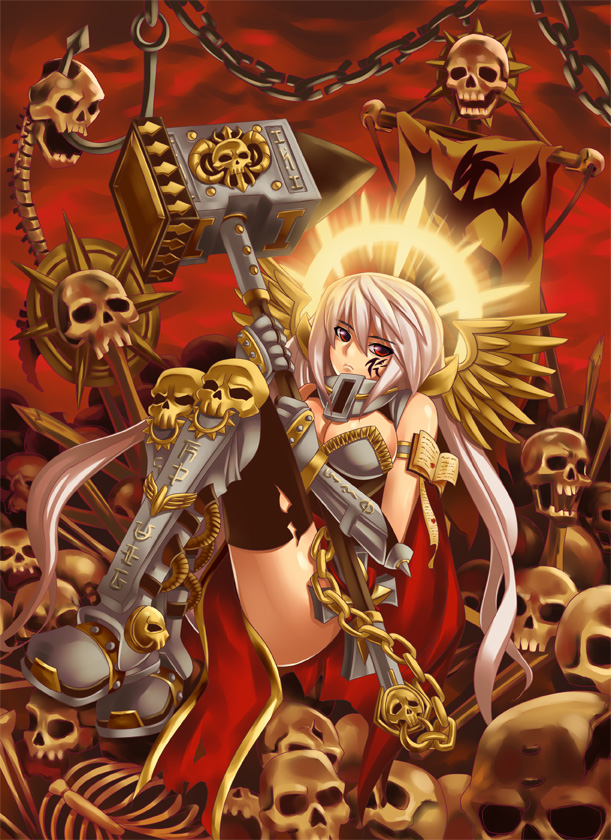 kaizeru, living saint, warhammer 40k, 1girl, armor, banner, book, boots, breasts, chain, cross, female focus, gold, halo, hammer, hook, large breasts, long hair, pink hair, red eyes, skeleton, skull, solo, spine, tattoo, thighhighs, very long hair, war hammer, warhammer, weapon, wings