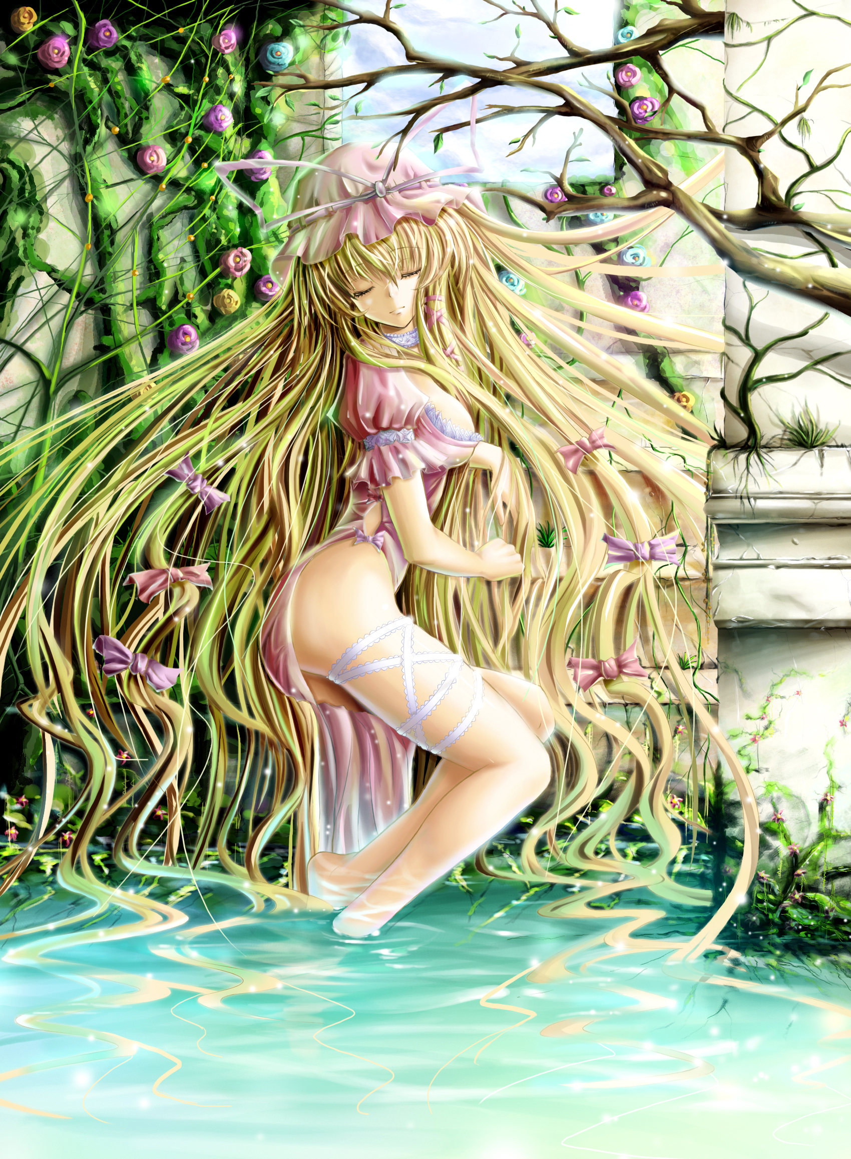saber 01, yakumo yukari, touhou, highres, 1girl, ass, barefoot, blonde hair, bow, closed eyes, female focus, flower, hair ribbon, hat, legs, long hair, partially submerged, ribbon, soaking feet, solo, very long hair, water