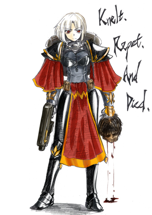 eien no sai tori, adepta sororitas, inquisition (warhammer), izayoi sakuya, sisters of battle, touhou, warhammer 40k, head, bad id, bad pixiv id, 1girl, armor, blood, decapitation, female focus, gun, ranguage, red eyes, solo, weapon, white hair
