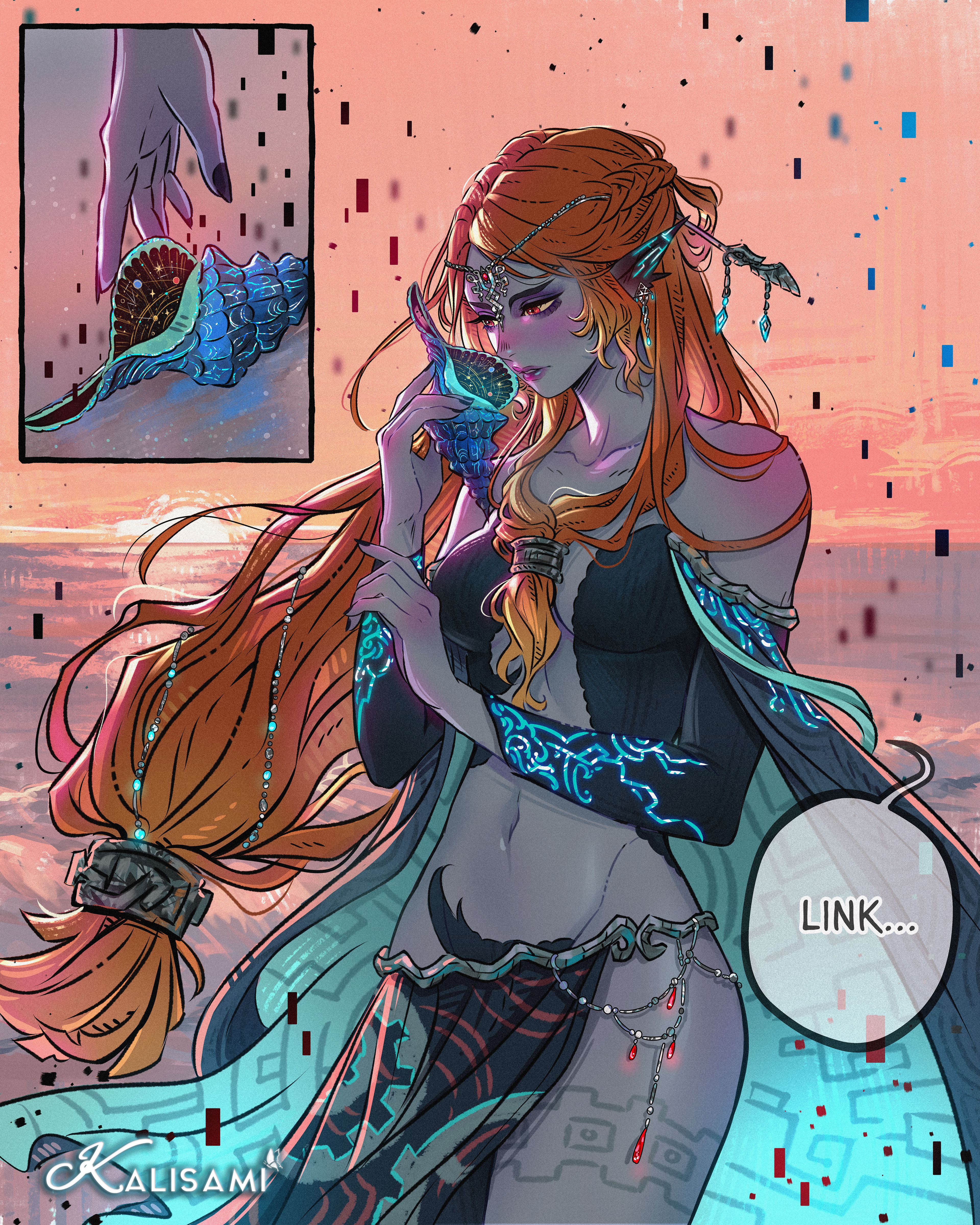 kalisami1, midna, midna (true), nintendo, the legend of zelda, the legend of zelda: twilight princess, absurdres, commentary, english commentary, highres, spoilers, 1girl, artist name, black nails, breasts, circlet, colored skin, cowboy shot, grey skin, holding, holding shell, horizon, inset, lips, long hair, low-tied long hair, medium breasts, navel, orange hair, parted lips, pelvic curtain, pointy ears, red eyes, shell, speech bubble, sunset