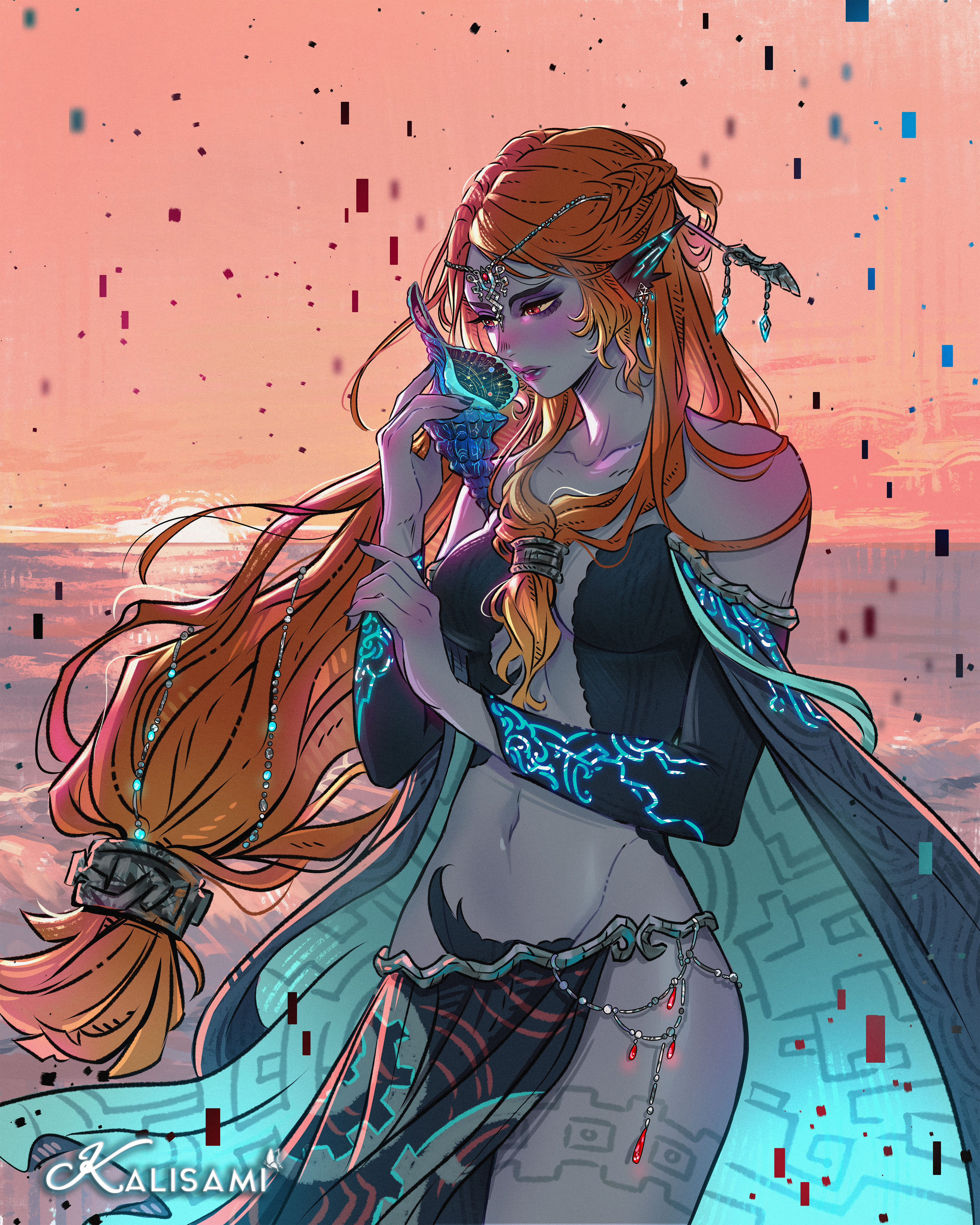 kalisami1, midna, midna (true), nintendo, the legend of zelda, the legend of zelda: twilight princess, absurdres, commentary, english commentary, highres, spoilers, 1girl, artist name, black nails, breasts, circlet, colored skin, cowboy shot, grey skin, holding, holding shell, horizon, lips, long hair, low-tied long hair, medium breasts, navel, orange hair, parted lips, pelvic curtain, pointy ears, red eyes, shell, solo, sunset