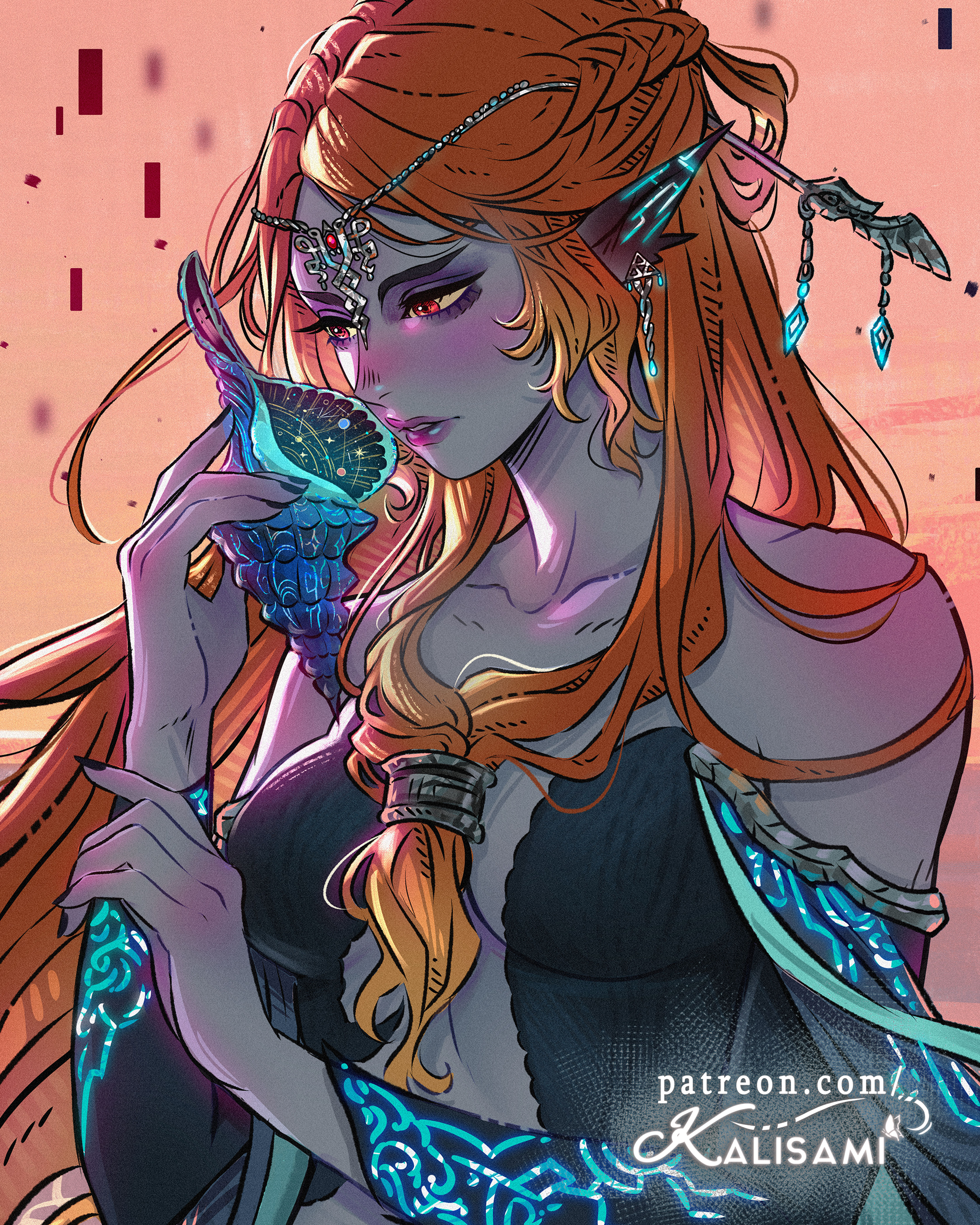 kalisami1, midna, midna (true), nintendo, the legend of zelda, the legend of zelda: twilight princess, absurdres, commentary, english commentary, highres, spoilers, 1girl, artist name, black nails, breasts, circlet, colored skin, grey skin, holding, holding shell, lips, long hair, low-tied long hair, medium breasts, orange hair, parted lips, patreon username, pointy ears, red eyes, shell, solo, sunset, upper body