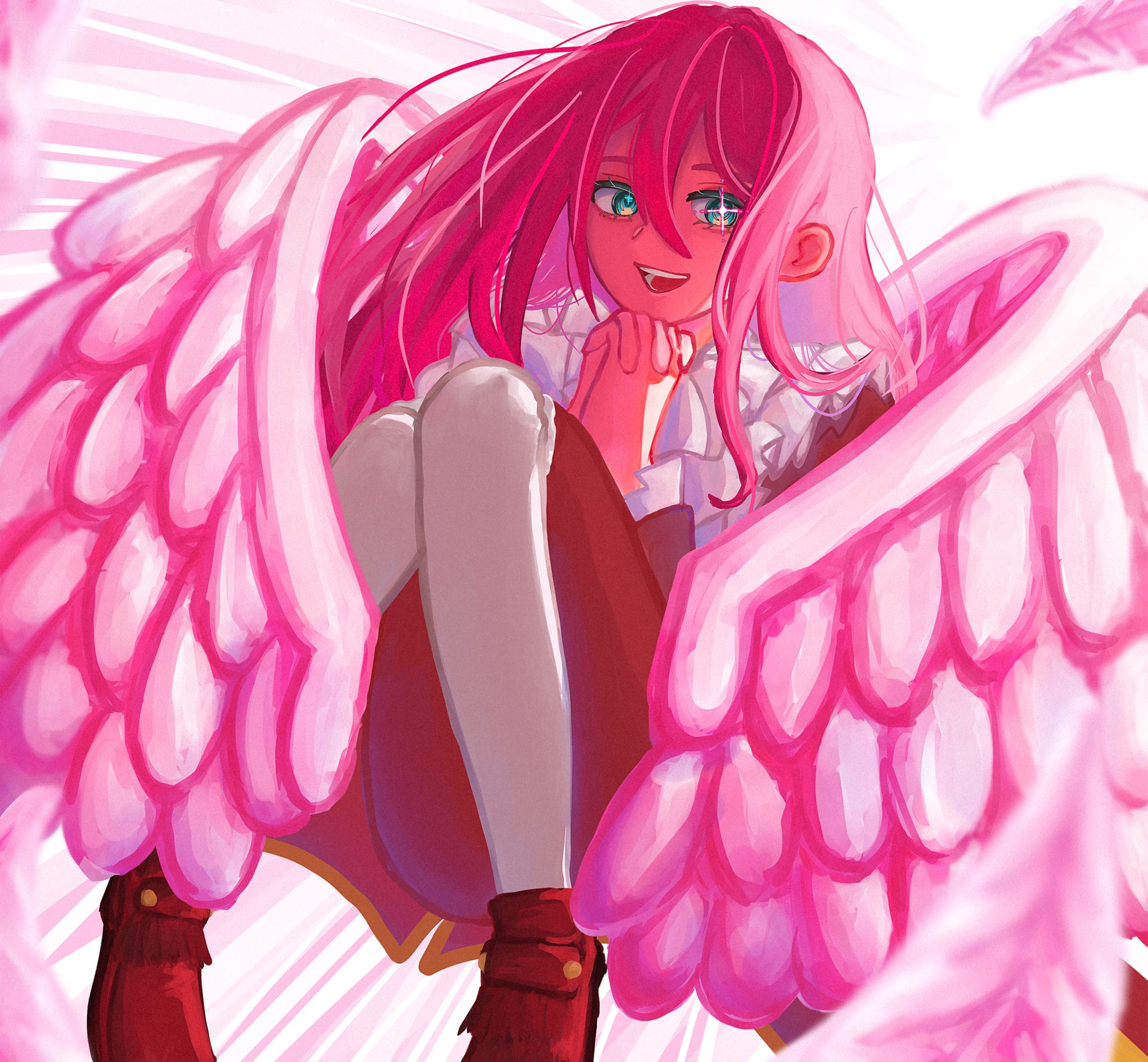 wolfgang amadeus mozart (classicaloid), classicaloid, highres, 1boy, androgynous, eyelashes, feathered wings, floating, green eyes, hair between eyes, long hair, looking at viewer, male focus, mozart kurasika, open mouth, own hands clasped, own hands together, pants, pink hair, pink wings, red pants, red shoes, shoes, simple background, socks, solo, sparkling eyes, white background, white socks, wings