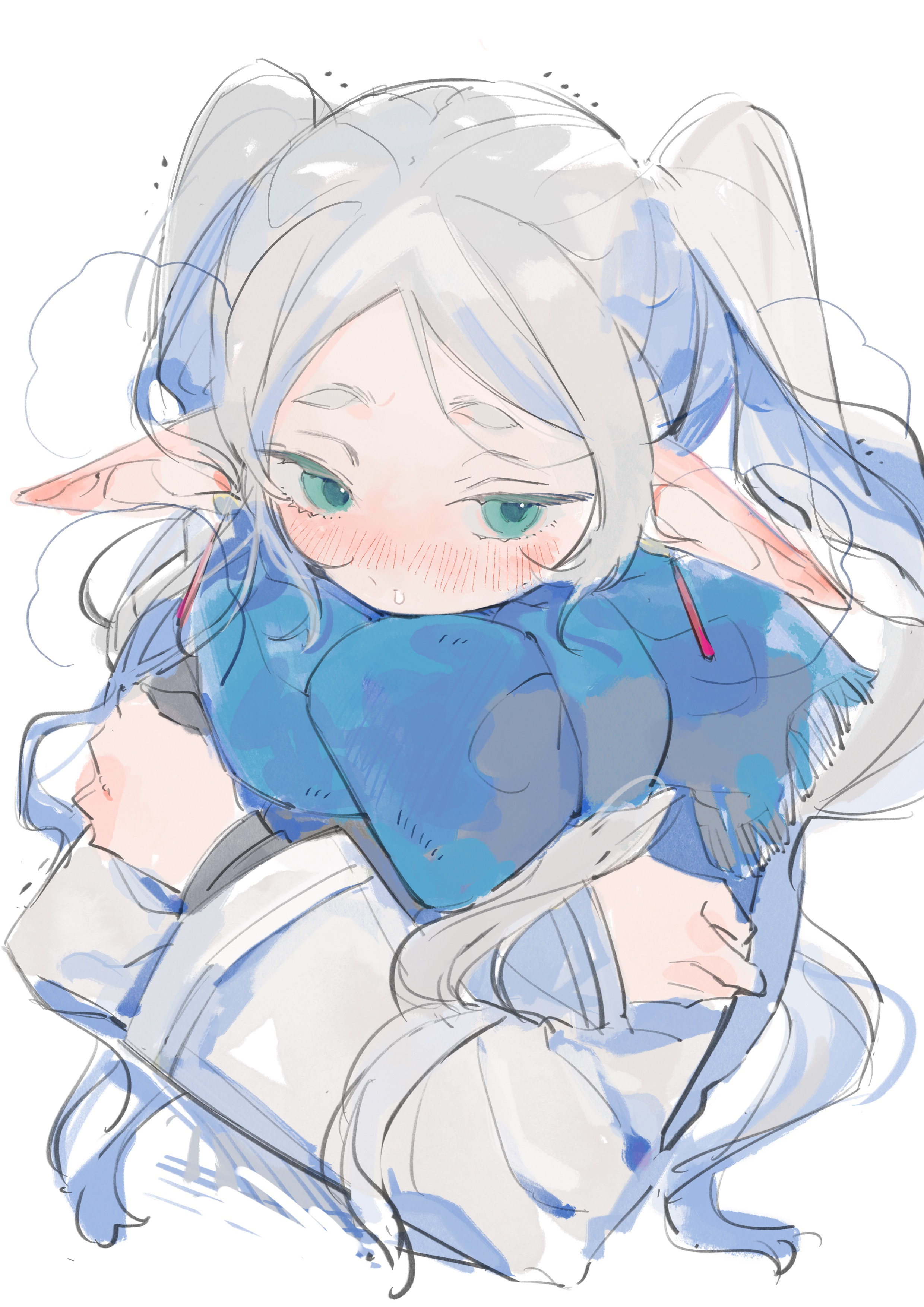 ponn mame, frieren, sousou no frieren, absurdres, highres, 1girl, blue scarf, blush, cropped torso, crossed arms, earrings, elf, forehead, green eyes, grey hair, jewelry, long hair, long sleeves, nose blush, pointy ears, scarf, shirt, simple background, sketch, solo, twintails, upper body, white background, white shirt