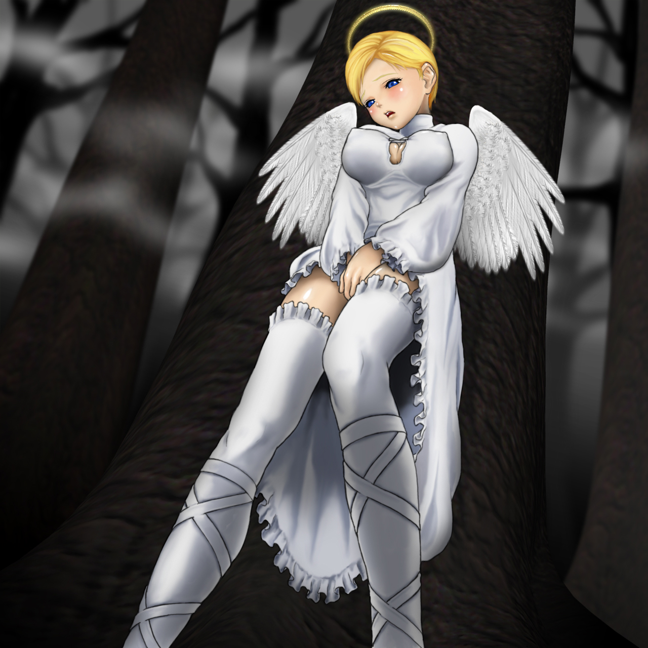 dondo, original, highres, 1girl, angel, angel wings, blonde hair, blue eyes, blush, breasts, cleavage, covered erect nipples, female focus, female masturbation, halo, huge breasts, masturbation, short hair, solo, thighhighs, wings